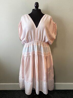 Handmade Plus Size Linen Sheer Light Pink White V-Neck Dress